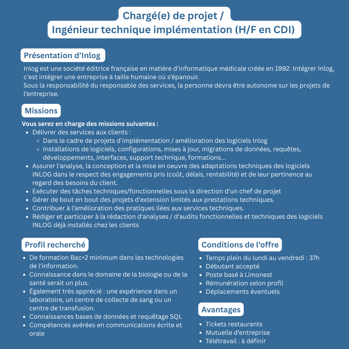 Offre de poste chargé de projet implémentation logiciel