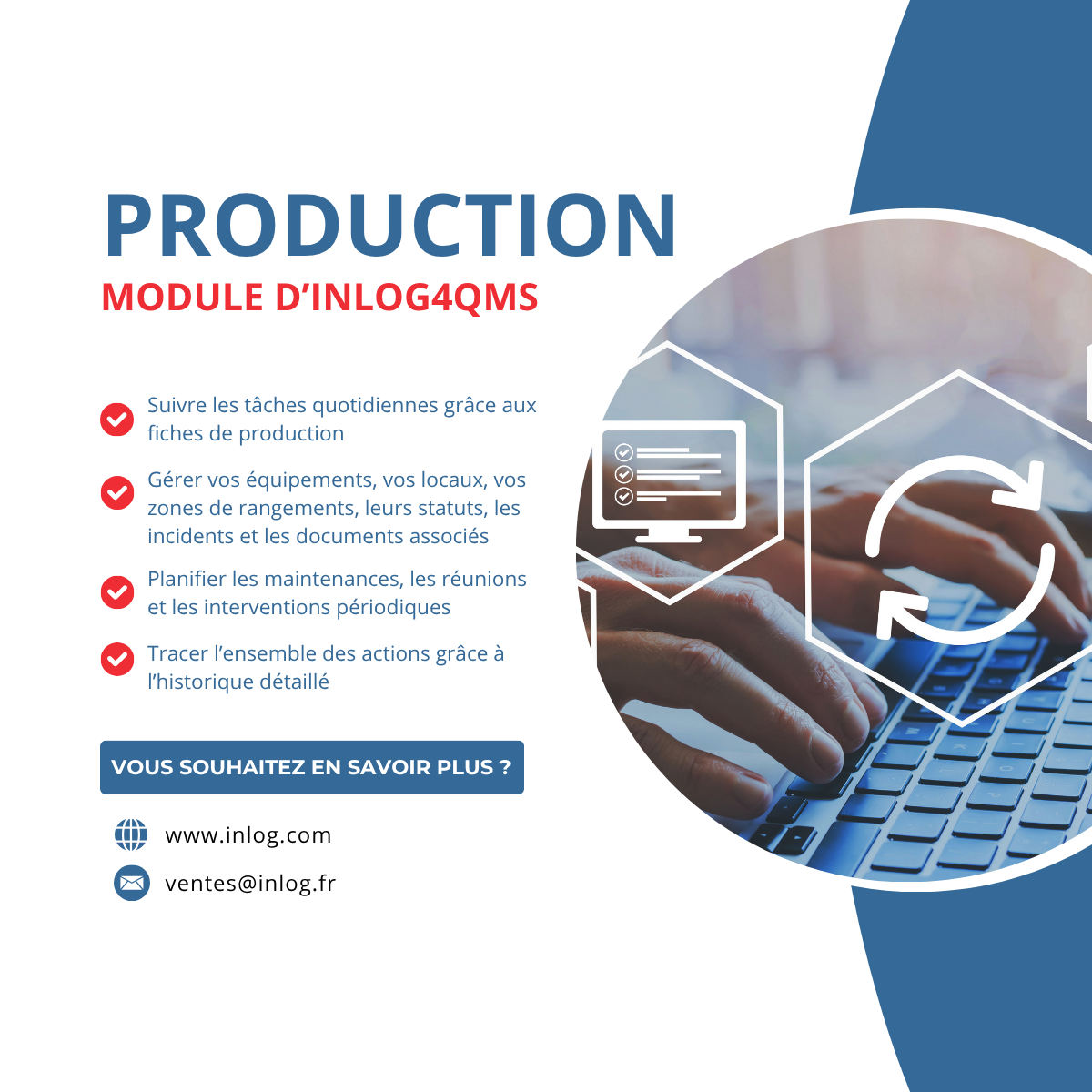 ⚙️ Pilotez vos équipements, vos locaux, vos zones de rangements,  et vos activités avec le module « Production » d’Inlog4QMS