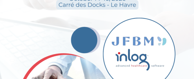 Promotional poster for the 9th French-speaking Medical Biology Conference (JFBM). The visual announces Inlog’s presence at Booth #6 during the event, taking place October 14-16, 2026, at Carré des Docks in Le Havre, France. The design features blue and red colors, the JFBM and Inlog logos inside a circle on the right, and an image showing a person using a digital tablet above a computer keyboard in a healthcare or medical technology setting